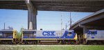 CSX 5890 B36-7 westbound out of CSX Gentilly Yard with CSX 5923 B36-7 and CSX 5876 B36-7 about noon below the I-10 high-rise bridge in New Orleans LA 03-1995